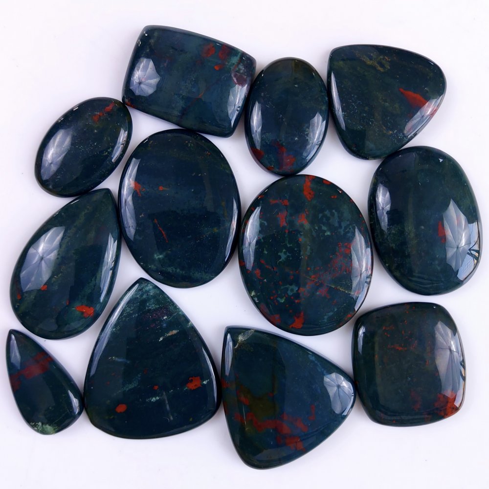 12Pcs 565Cts  Natural Green Blood Stone Loose Cabochon Gemstone Lot For Jewelry Making Gift For Her 40x30 30x19mm#928