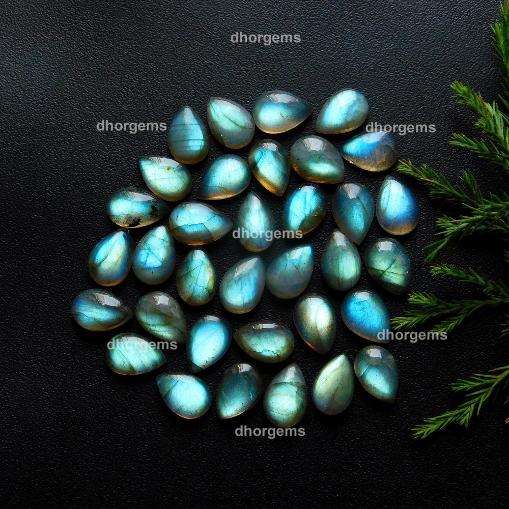 34Pcs 118.05Cts Natural Blue Fire Labradorite Loose Cabochon Calibrated Pear Shape Gemstone Lot 8x12mm#9280