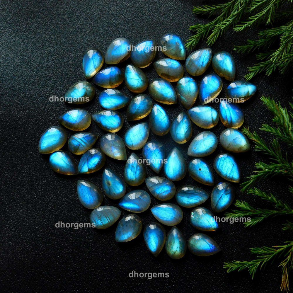 48Pcs 168.5Cts Natural Blue Fire Labradorite Loose Cabochon Calibrated Pear Shape Gemstone Lot 8x12mm#9286
