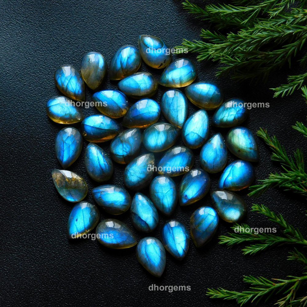 34Pcs 122.25Cts Natural Blue Fire Labradorite Loose Cabochon Calibrated Pear Shape Gemstone Lot 8x12mm#9287