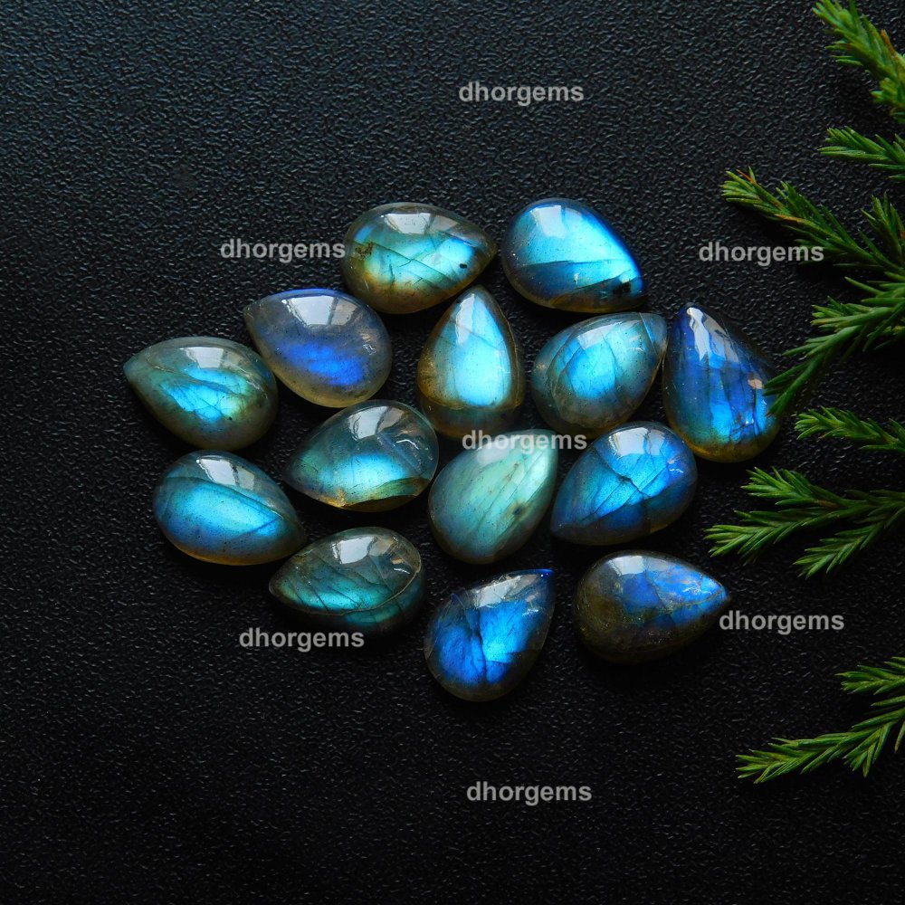 14Pcs 62.3Cts Natural Blue Fire Labradorite Loose Cabochon Calibrated Pear Shape Gemstone Lot 9x13mm#9288