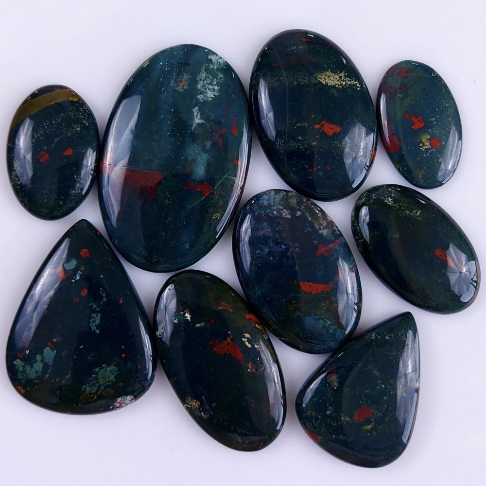 9Pcs 387Cts  Natural Green Blood Stone Loose Cabochon Gemstone Lot For Jewelry Making Gift For Her 50x32 32x20 mm#929