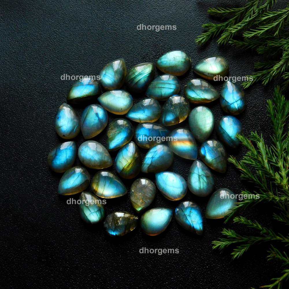 33Pcs 190.3Cts Natural Blue Fire Labradorite Loose Cabochon Calibrated Pear Shape Gemstone Lot 10x14mm#9290