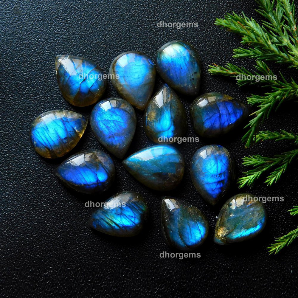 13Pcs 111.5Cts Natural Blue Fire Labradorite Loose Cabochon Calibrated Pear Shape Gemstone Lot 12x16mm#9293