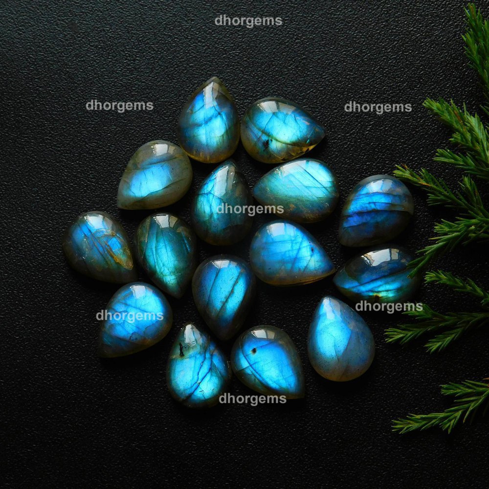 15Pcs 126.1Cts Natural Blue Fire Labradorite Loose Cabochon Calibrated Pear Shape Gemstone Lot 12x16mm#9294