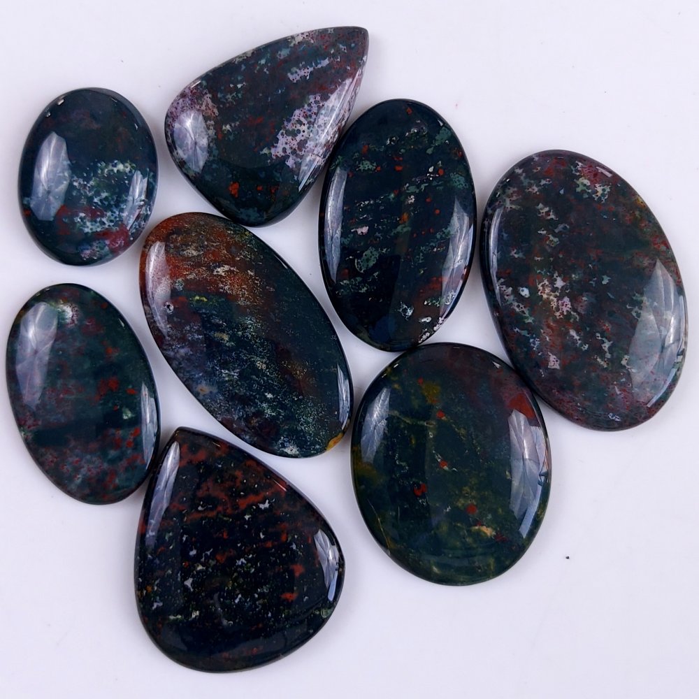 8Pcs 404Cts  Natural Green Blood Stone Loose Cabochon Gemstone Lot For Jewelry Making Gift For Her 45x30 30x22 mm#930