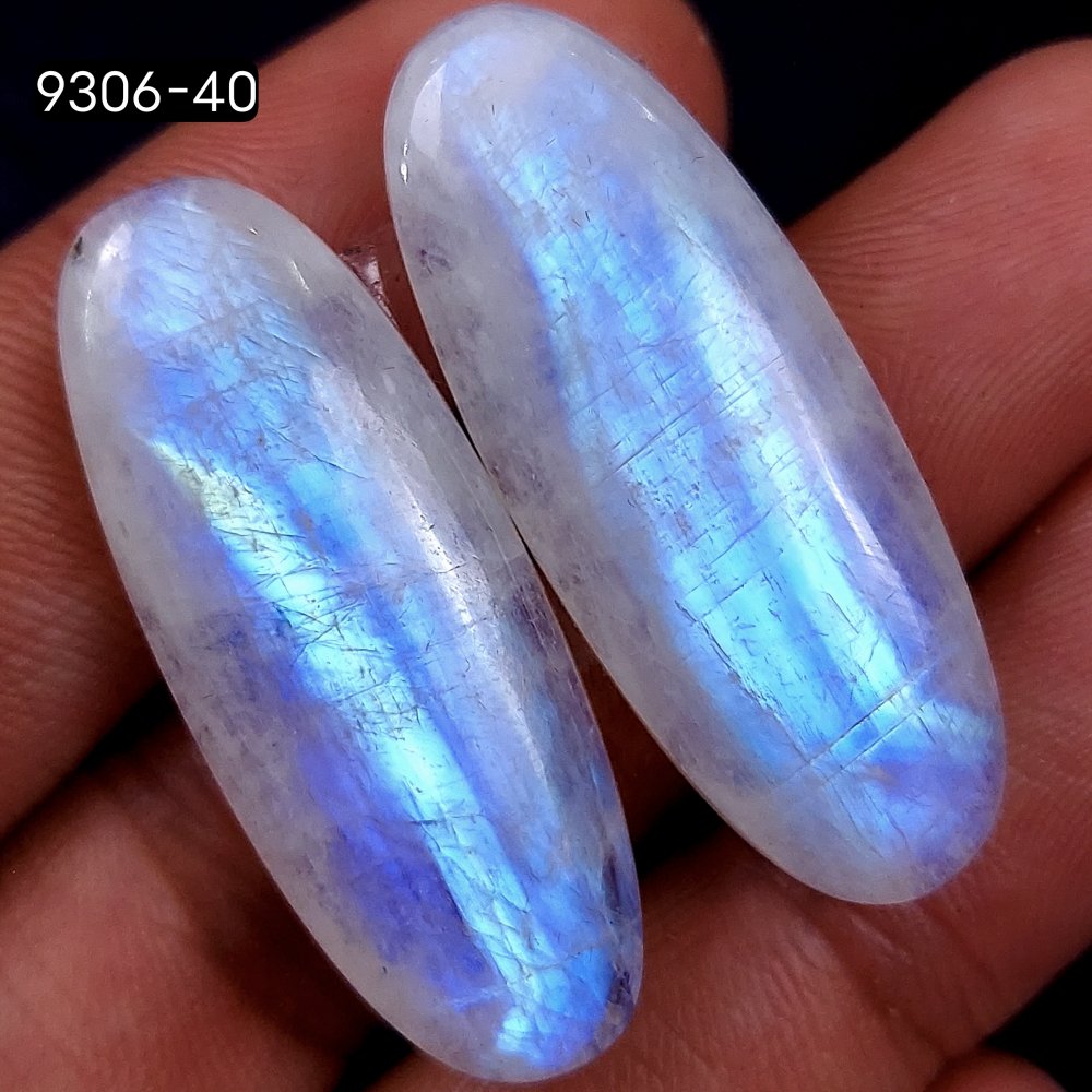 62Cts Natural Fire Rainbow Moonstone Oval Shape Loose Cabochon Gemstone Pair Lot For Jewelry Making 35x11mm