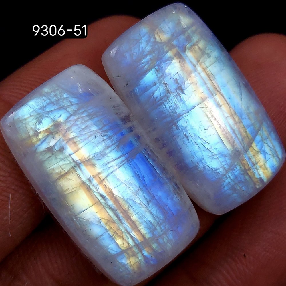 51Cts Natural Fire Rainbow Moonstone Rectangle Shape Loose Cabochon Gemstone Pair Lot For Jewelry Making 25x12mm