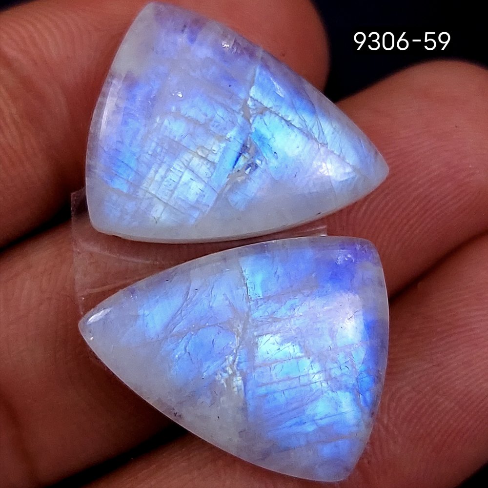 35Cts Natural Fire Rainbow Moonstone Triangle Shape Loose Cabochon Gemstone Pair Lot For Jewelry Making 20x15mm