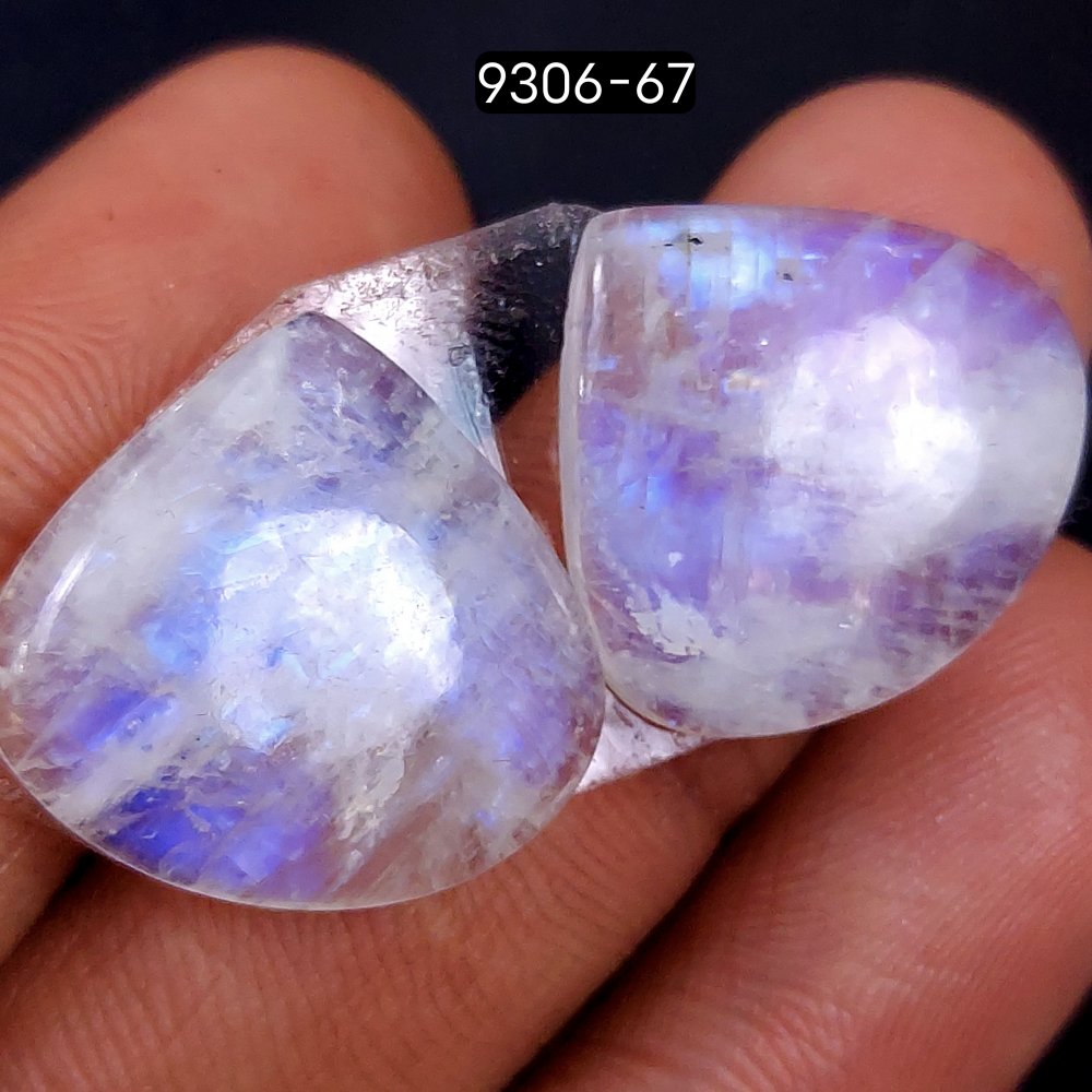 28Cts Natural Fire Rainbow Moonstone Pear Shape Loose Cabochon Gemstone Pair Lot For Jewelry Making 16x16mm