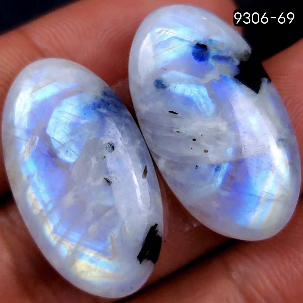 49Cts Natural Fire Rainbow Moonstone Oval Shape Loose Cabochon Gemstone Pair Lot For Jewelry Making 25x13mm