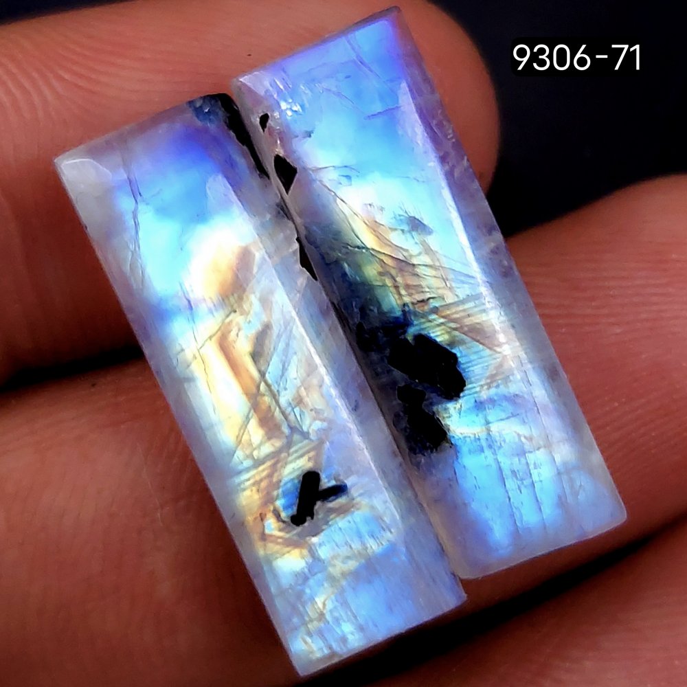 25Cts Natural Fire Rainbow Moonstone Rectangle Shape Loose Cabochon Gemstone Pair Lot For Jewelry Making 23x6mm