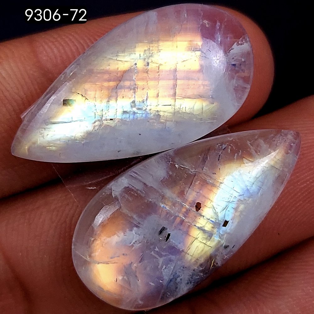 44Cts Natural Fire Rainbow Moonstone Pear Shape Loose Cabochon Gemstone Pair Lot For Jewelry Making 26x11mm