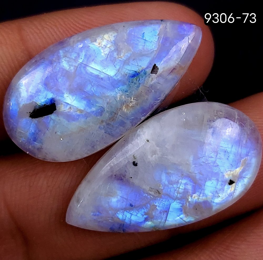 40Cts Natural Fire Rainbow Moonstone Pear Shape Loose Cabochon Gemstone Pair Lot For Jewelry Making 26x12mm