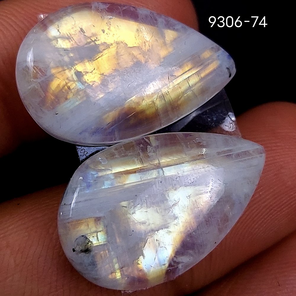 39Cts Natural Fire Rainbow Moonstone Pear Shape Loose Cabochon Gemstone Pair Lot For Jewelry Making 21x12mm