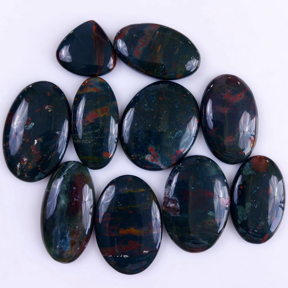 10Pcs 507Cts  Natural Green Blood Stone Loose Cabochon Gemstone Lot For Jewelry Making Gift For Her 42x28 27x18mm#931