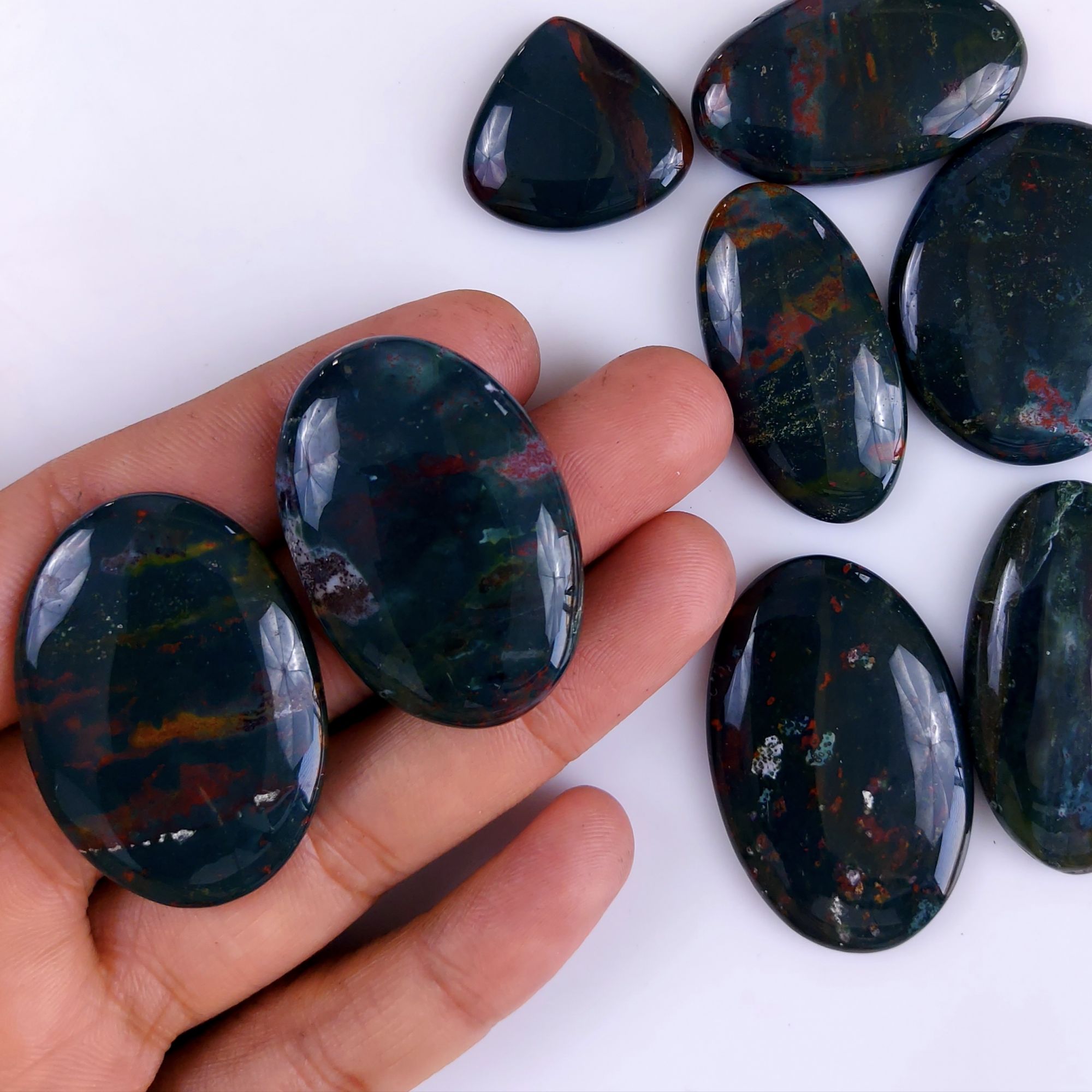 10Pcs 507Cts  Natural Green Blood Stone Loose Cabochon Gemstone Lot For Jewelry Making Gift For Her 42x28 27x18mm#931