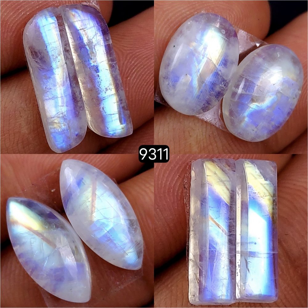 4Pc 47Cts Natural Rainbow Moonstone Cabochon Lot Polished Loose Gemstone Mix Shape &amp; Size Jewelry Making Crystal Lot 15x6 12x8mm