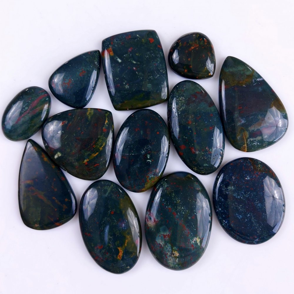 12Pcs 513Cts  Natural Green Blood Stone Loose Cabochon Gemstone Lot For Jewelry Making Gift For Her 40x27 22x20 mm#932
