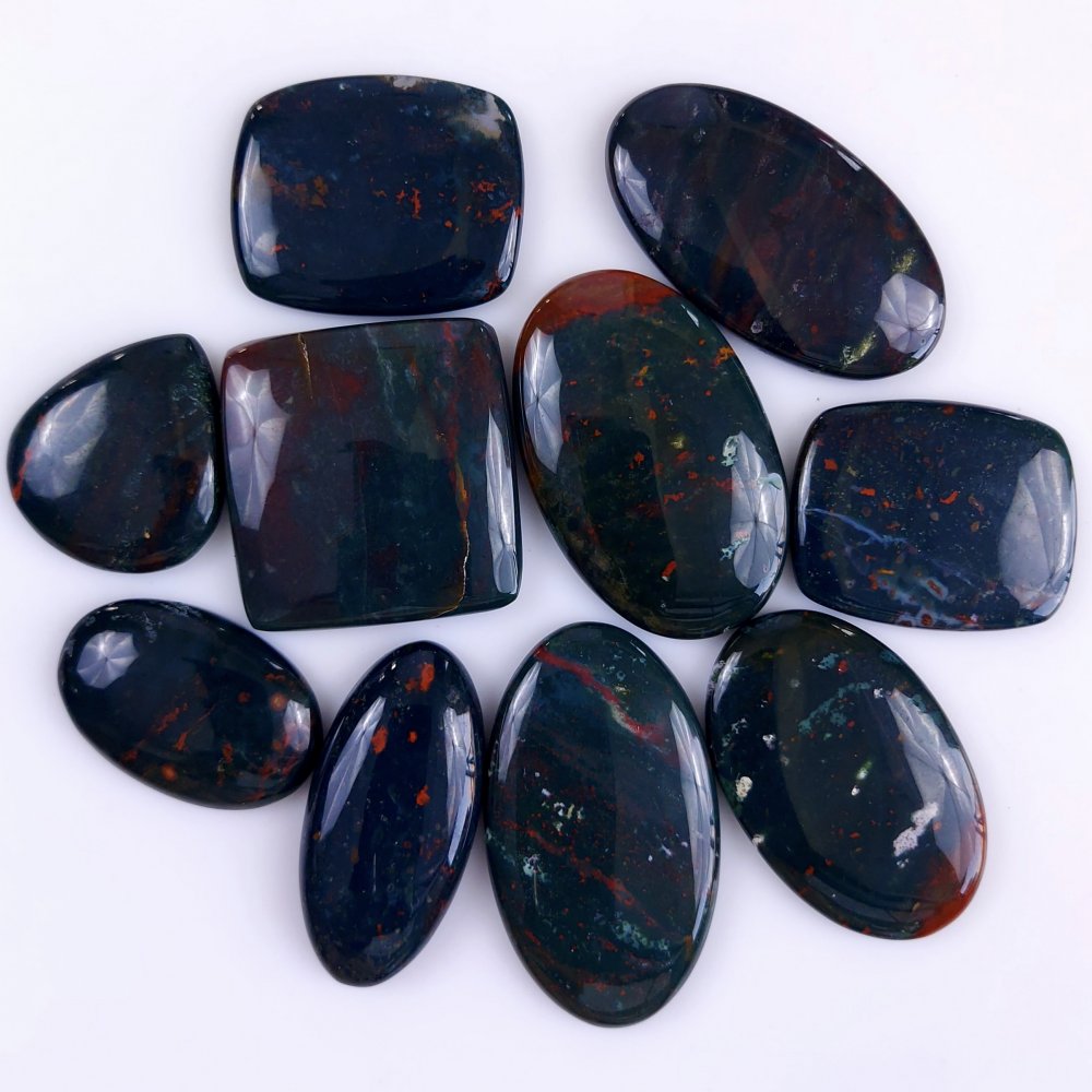 10Pcs 488Cts  Natural Green Blood Stone Loose Cabochon Gemstone Lot For Jewelry Making Gift For Her 45x28 32x20 mm#933