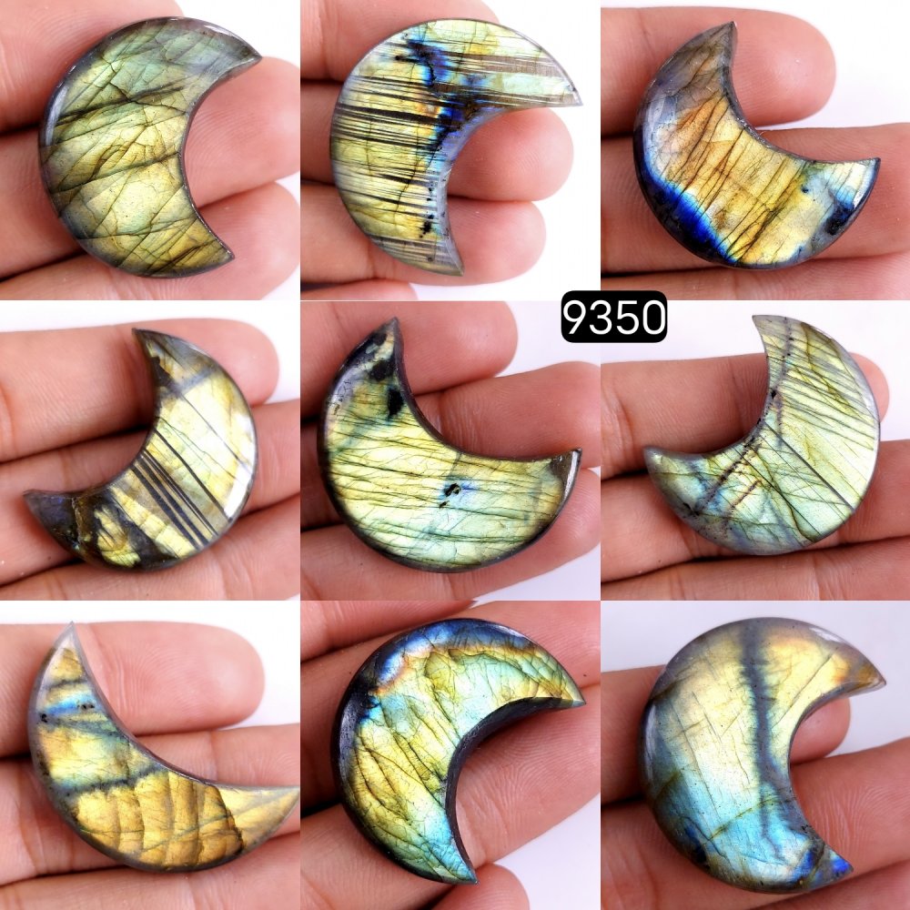 9Pcs 396Cts Natural Multi Fire Labradorite Crescent Cabochon Hand Carved Moon Shape Loose Moon Crystal Healing Gemstone 35x15 27x13mm#R-9350