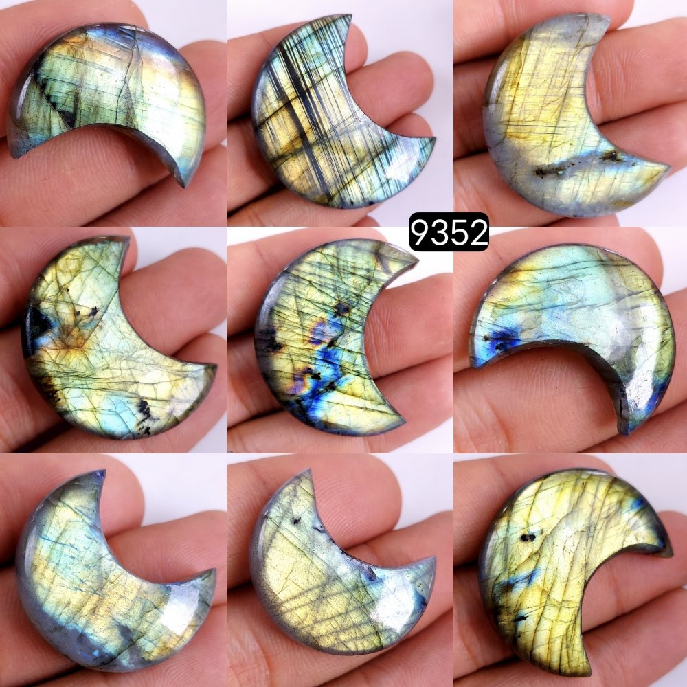9Pcs 432Cts Natural Multi Fire Labradorite Crescent Cabochon Hand Carved Moon Shape Loose Moon Crystal Healing Gemstone 42x20 24x11mm#R-9352