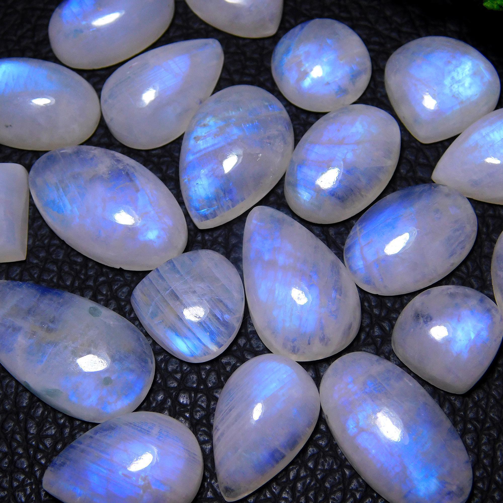 20Pcs 145Cts Natural Rainbow Moonstone Cabochon Blue Fire Loose Gemstone Crystal jewelry supplies wholesale lot gift for her Black Friday 24X12 11X11mm#9379