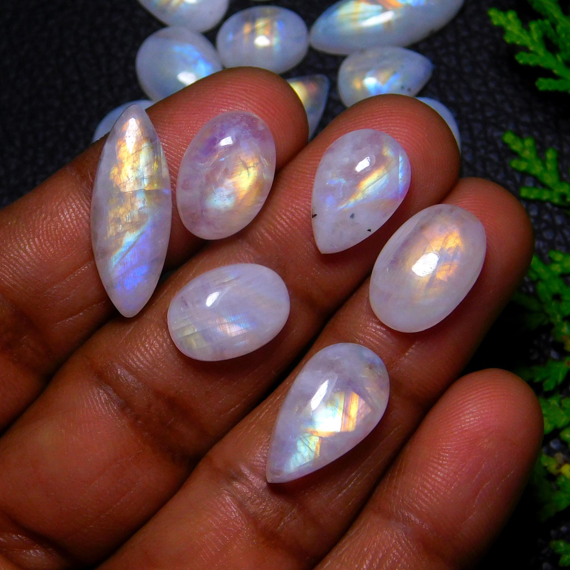 31Pcs 155Cts Natural Rainbow Moonstone Cabochon Blue Fire Loose Gemstone Crystal jewelry supplies wholesale lot gift for her Black Friday 20X10 7X7mm#9396