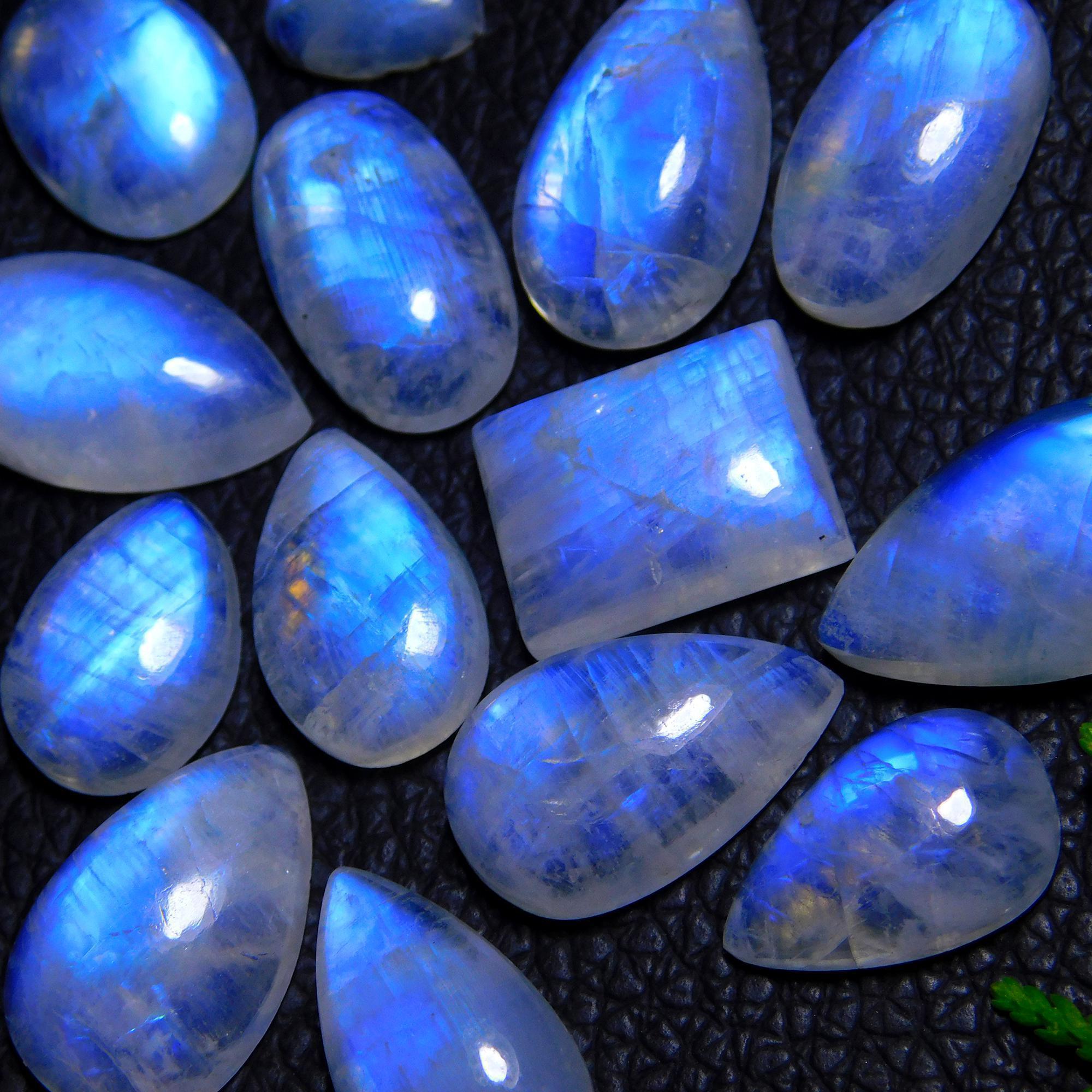 14Pcs 108Cts Natural Rainbow Moonstone Cabochon Blue Fire Loose Gemstone Crystal jewelry supplies wholesale lot gift for her Black Friday 20X12 10X10mm#9402