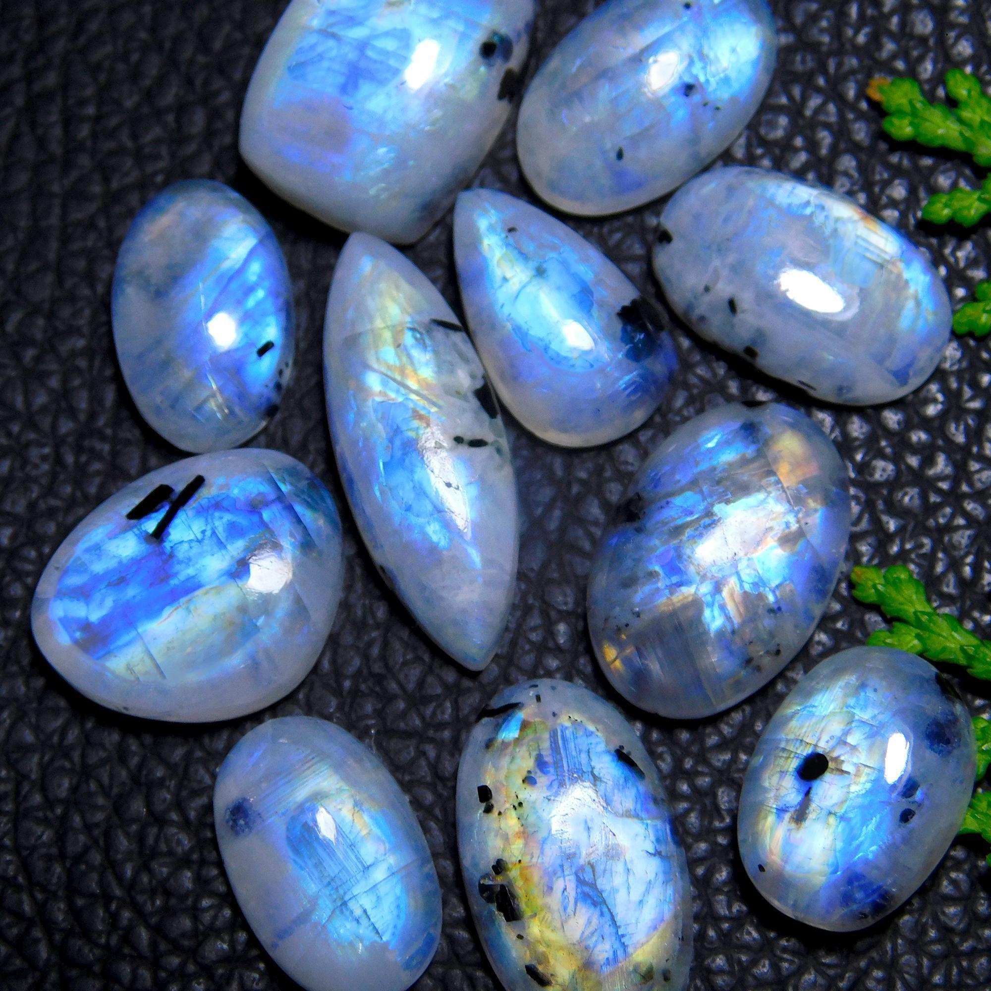 11Pcs 89Cts Natural Rainbow Moonstone Cabochon Blue Fire Loose Gemstone Crystal jewelry supplies wholesale lot gift for her Black Friday 24X12 14X12mm#9407