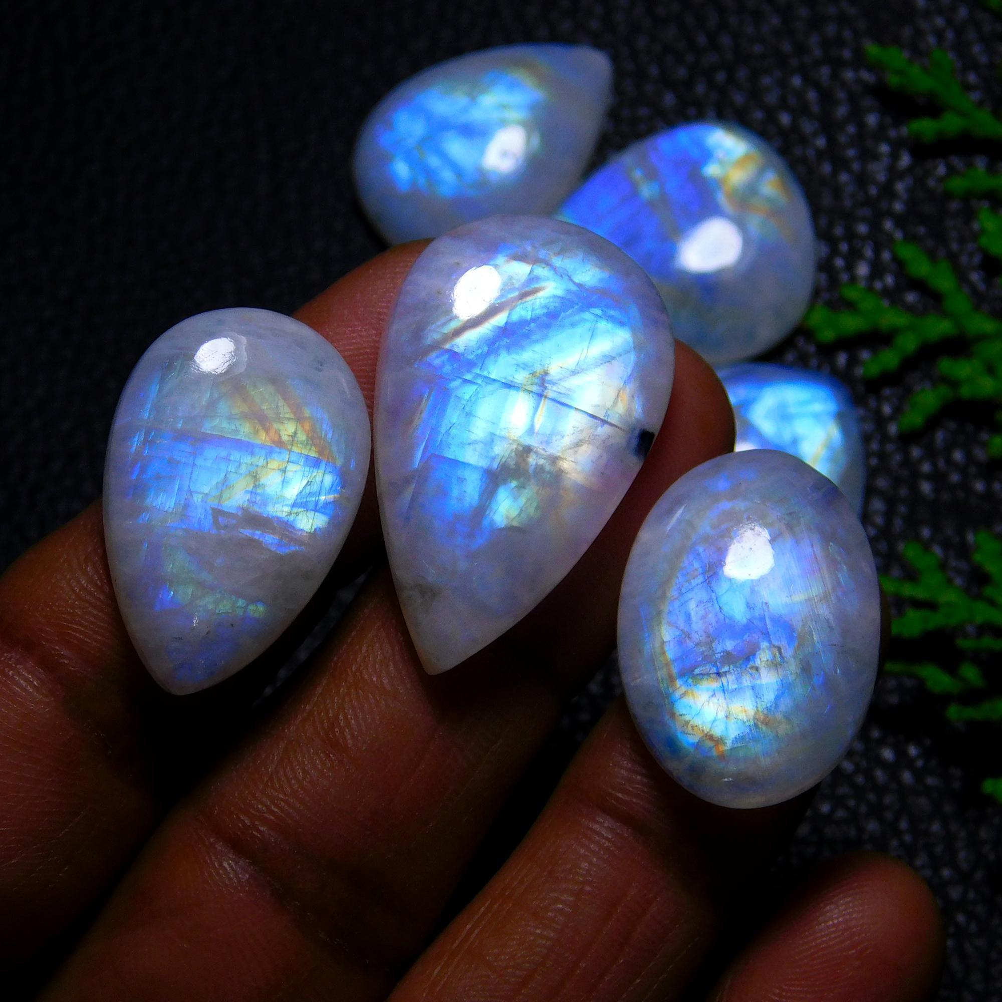 7Pcs 153Cts Natural Rainbow Moonstone Cabochon Blue Fire Loose Gemstone Crystal jewelry supplies wholesale lot gift for her Black Friday 30X20 18X18mm#9410