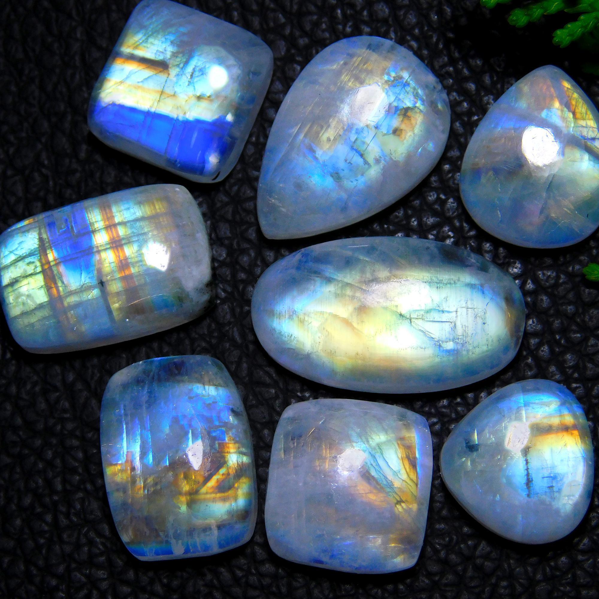 8Pcs 94Cts Natural Rainbow Moonstone Cabochon Blue Fire Loose Gemstone Crystal jewelry supplies wholesale lot gift for her Black Friday 24X14 14X12mm#9411