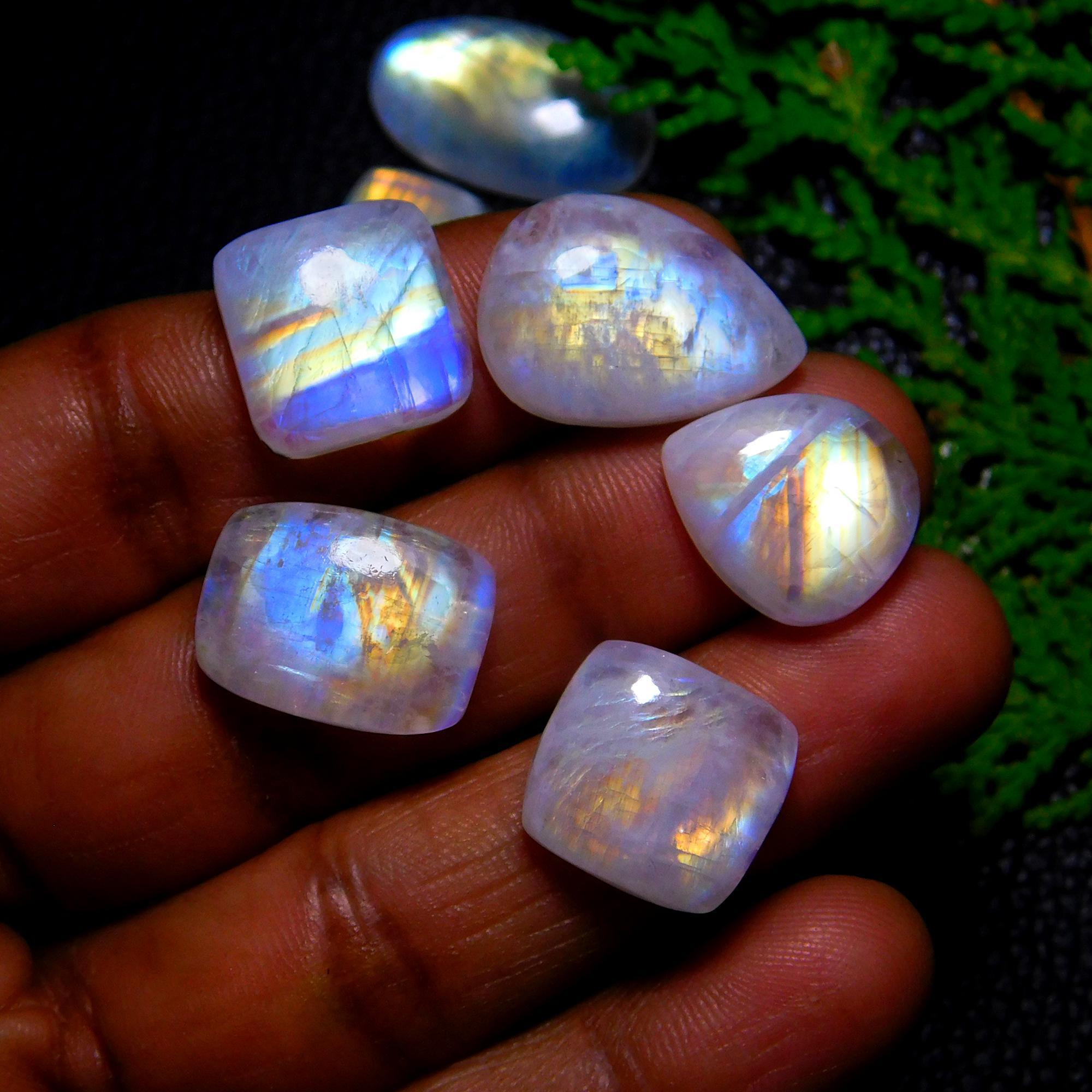 8Pcs 94Cts Natural Rainbow Moonstone Cabochon Blue Fire Loose Gemstone Crystal jewelry supplies wholesale lot gift for her Black Friday 24X14 14X12mm#9411