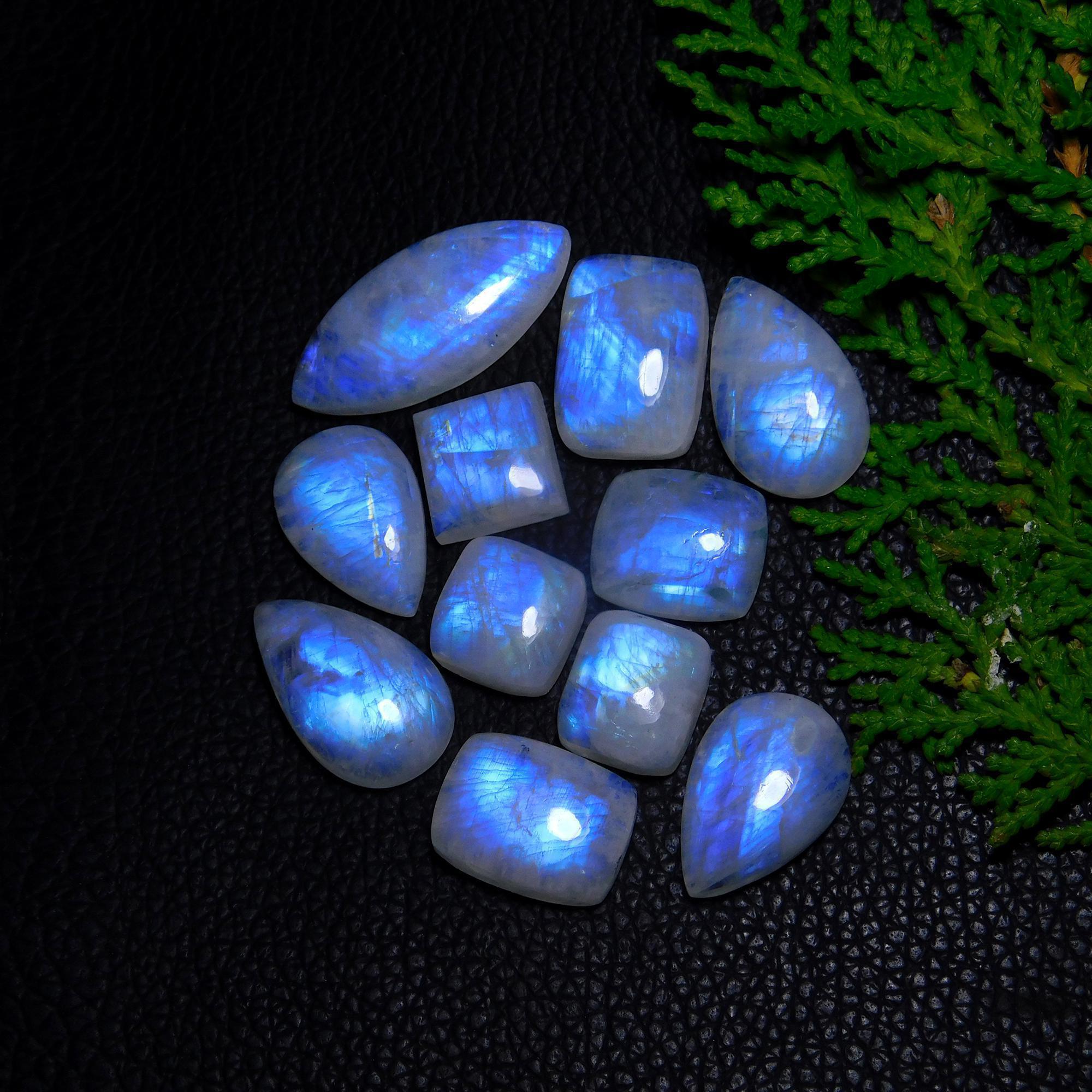 11Pcs 142Cts Natural Rainbow Moonstone Cabochon Blue Fire Loose Gemstone Crystal jewelry supplies wholesale lot gift for her Black Friday 30X14 14X14mm#9412