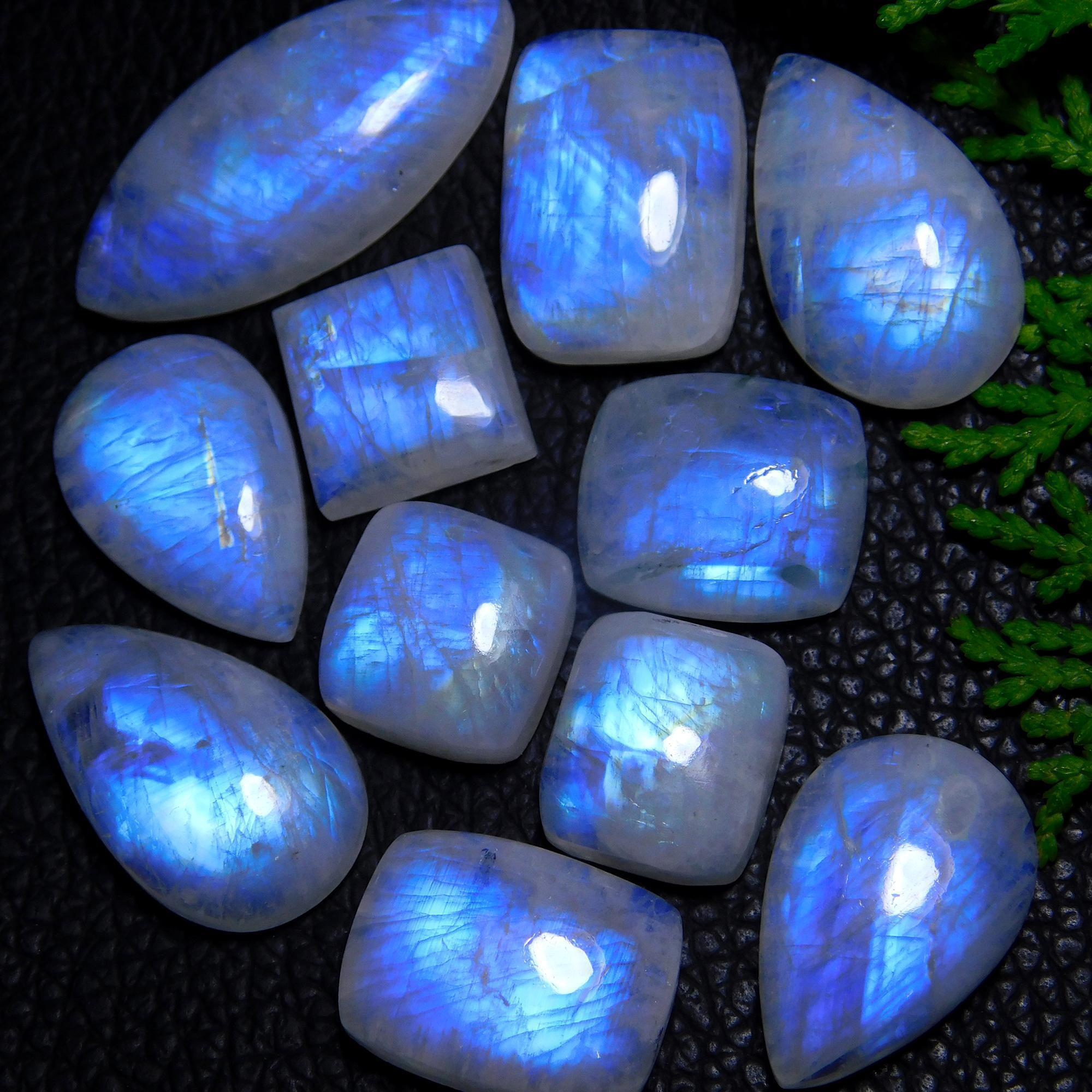 11Pcs 142Cts Natural Rainbow Moonstone Cabochon Blue Fire Loose Gemstone Crystal jewelry supplies wholesale lot gift for her Black Friday 30X14 14X14mm#9412