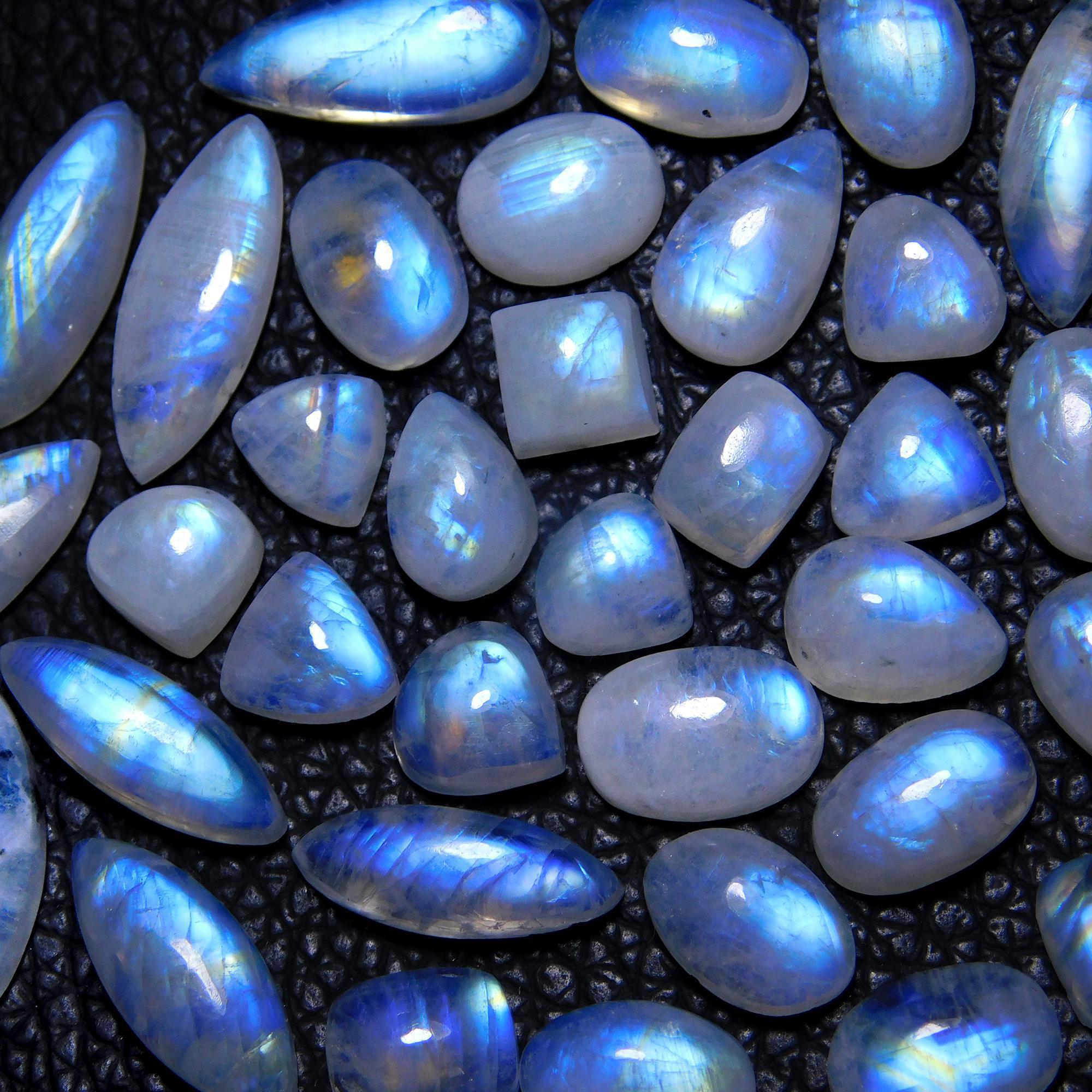 34Pcs 97Cts Natural Rainbow Moonstone Cabochon Blue Fire Loose Gemstone Crystal jewelry supplies wholesale lot gift for her Black Friday 18X7 7X7mm#9413
