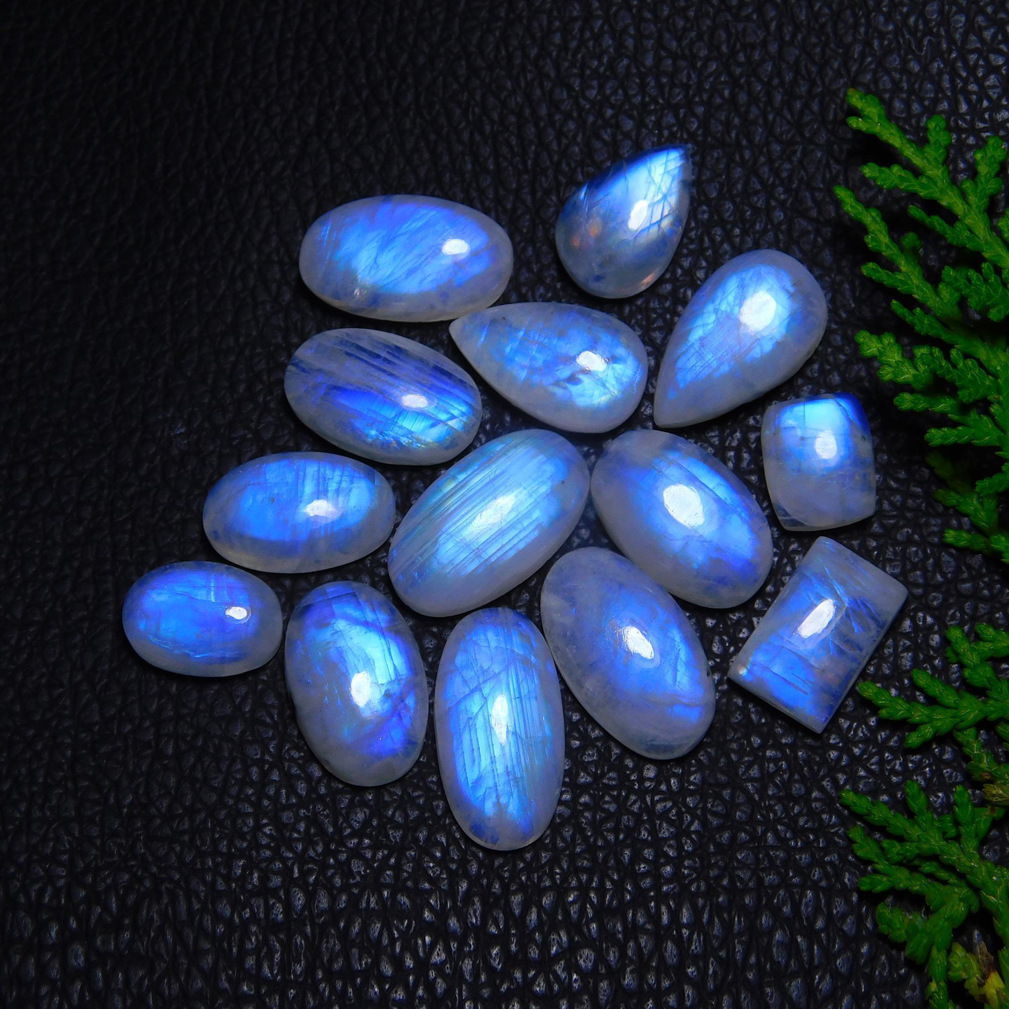 14Pcs 136Cts Natural Rainbow Moonstone Cabochon Blue Fire Loose Gemstone Crystal jewelry supplies wholesale lot gift for her Black Friday 20X12 12X12mm#9414