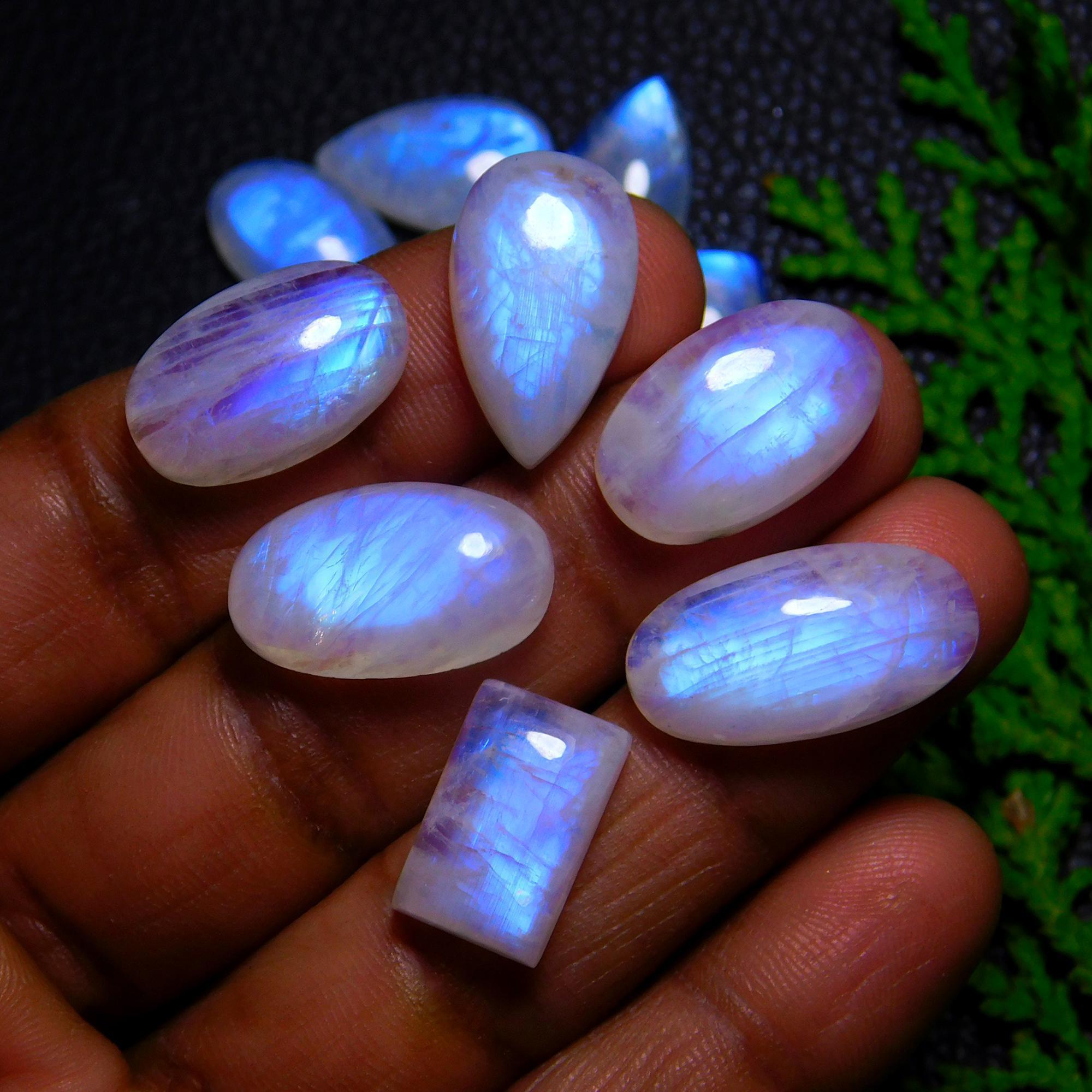 14Pcs 136Cts Natural Rainbow Moonstone Cabochon Blue Fire Loose Gemstone Crystal jewelry supplies wholesale lot gift for her Black Friday 20X12 12X12mm#9414