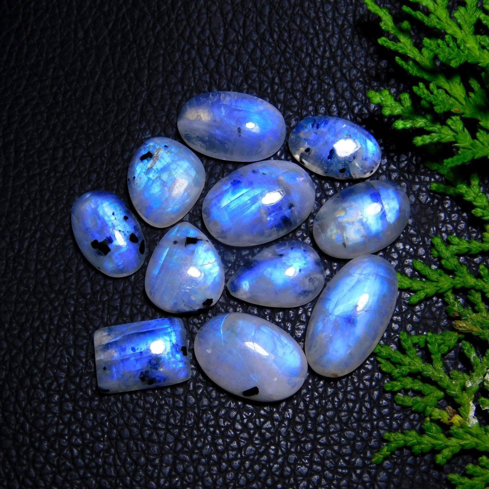 11Pcs 89Cts Natural Rainbow Moonstone Cabochon Blue Fire Loose Gemstone Crystal jewelry supplies wholesale lot gift for her 20X10 15X10mm#9417
