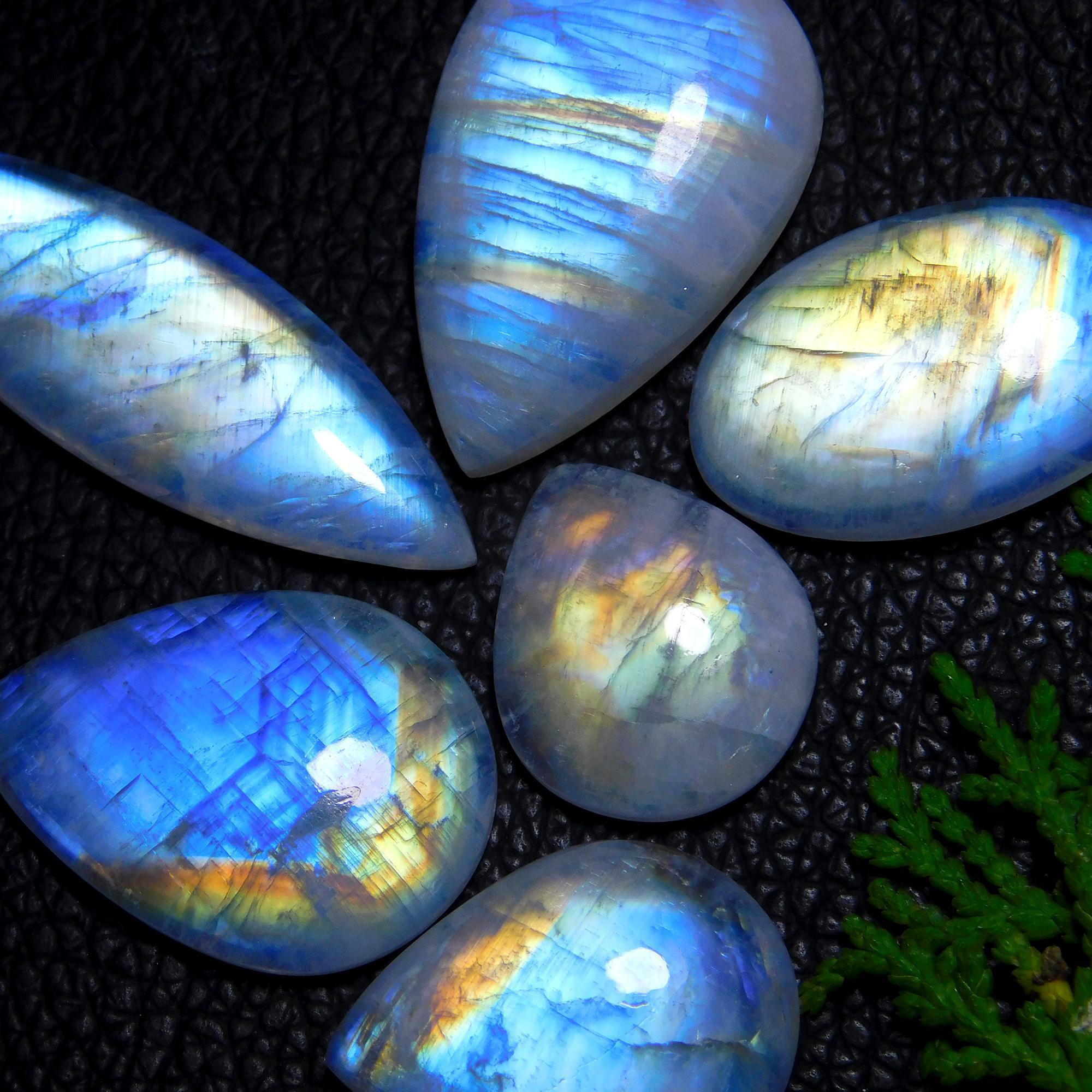 6Pcs 130Cts Natural Rainbow Moonstone Cabochon Blue Fire Loose Gemstone Crystal jewelry supplies wholesale lot gift for her Black Friday 40X14 20X16mm#9418