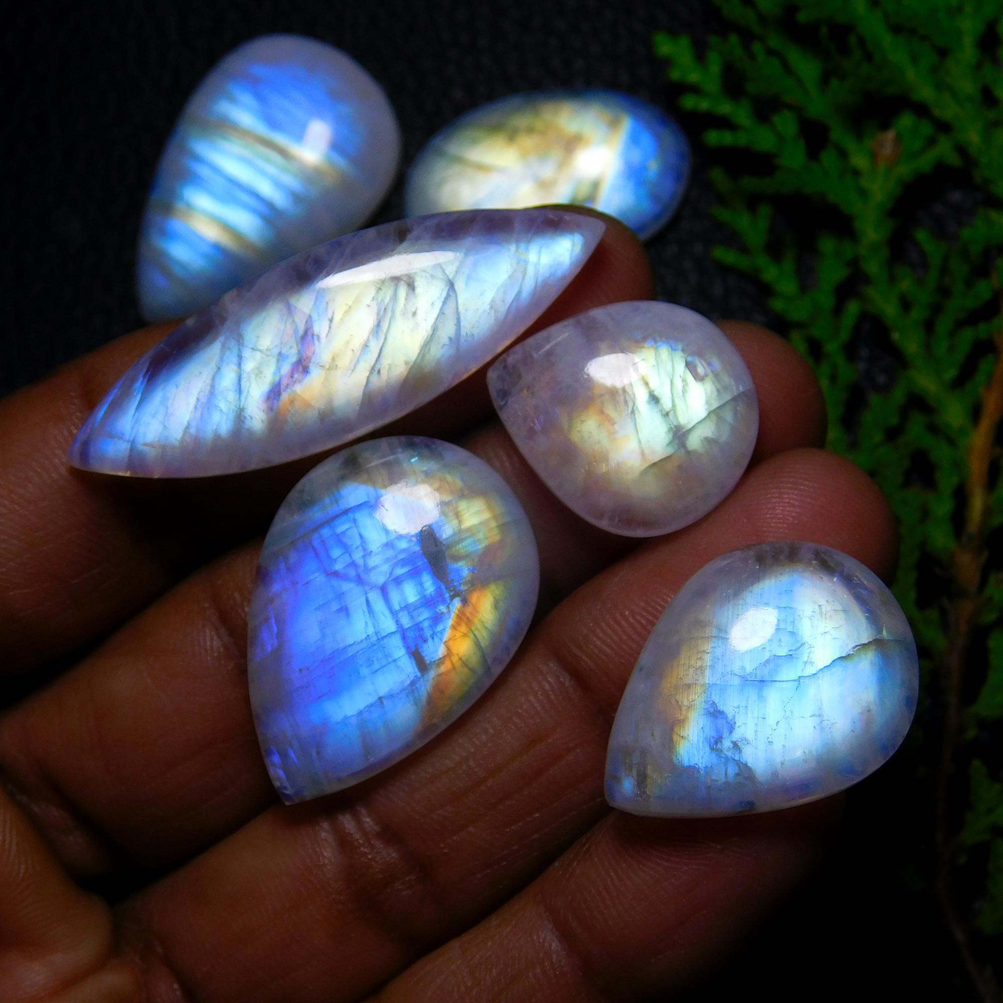 6Pcs 130Cts Natural Rainbow Moonstone Cabochon Blue Fire Loose Gemstone Crystal jewelry supplies wholesale lot gift for her Black Friday 40X14 20X16mm#9418