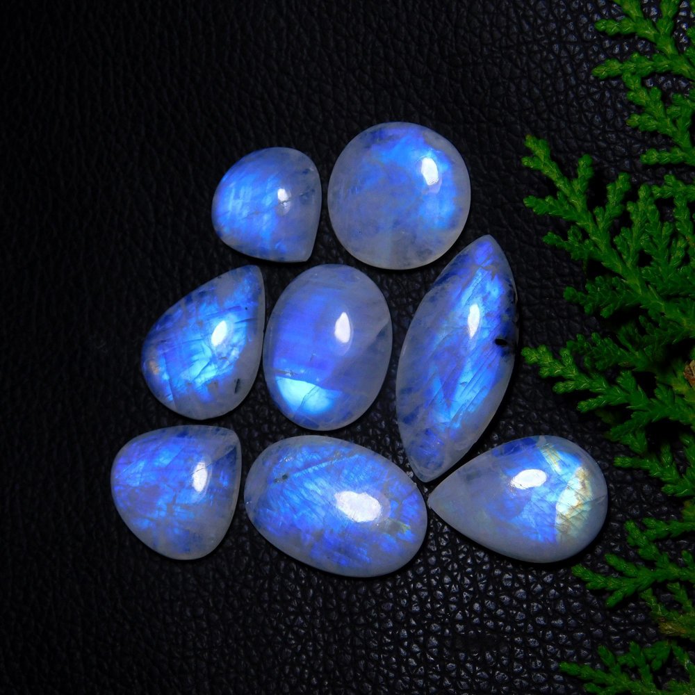8Pcs 151Cts Natural Rainbow Moonstone Cabochon Blue Fire Loose Gemstone Crystal jewelry supplies wholesale lot gift for her 34X15 18X18mm#9419