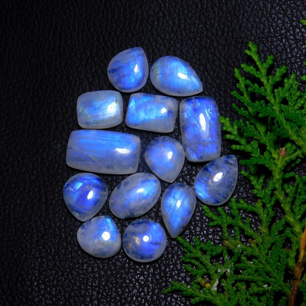 13Pcs 121Cts Natural Rainbow Moonstone Cabochon Blue Fire Loose Gemstone Crystal jewelry supplies wholesale lot gift for her 24X14 12X12mm#9420