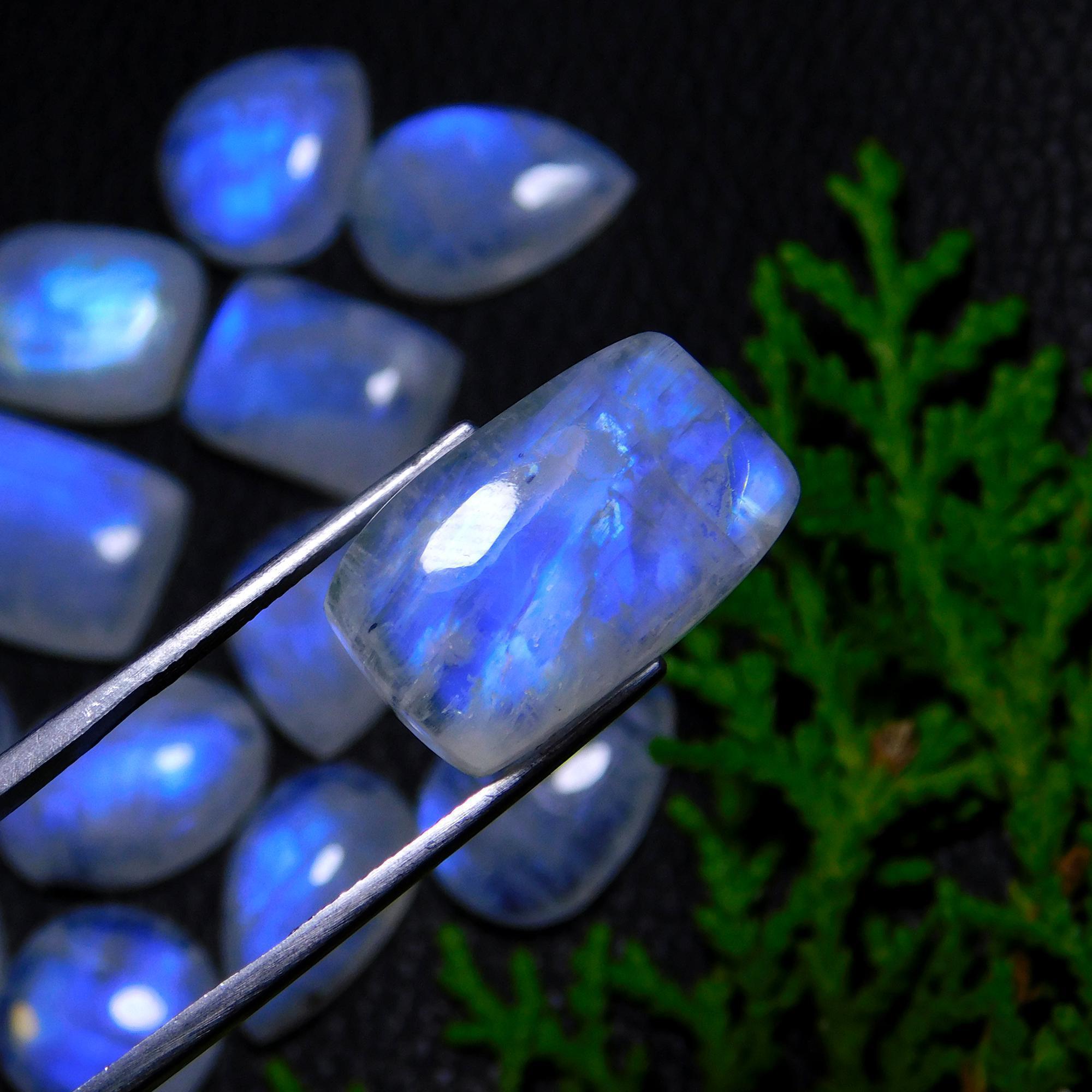 13Pcs 121Cts Natural Rainbow Moonstone Cabochon Blue Fire Loose Gemstone Crystal jewelry supplies wholesale lot gift for her Black Friday 24X14 12X12mm#9420