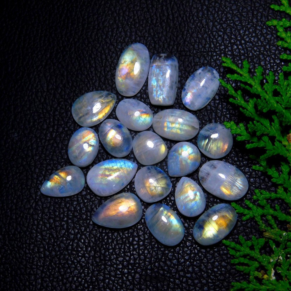19Pcs 144Cts Natural Rainbow Moonstone Cabochon Blue Fire Loose Gemstone Crystal jewelry supplies wholesale lot gift for her 20X10 11X11mm#9421