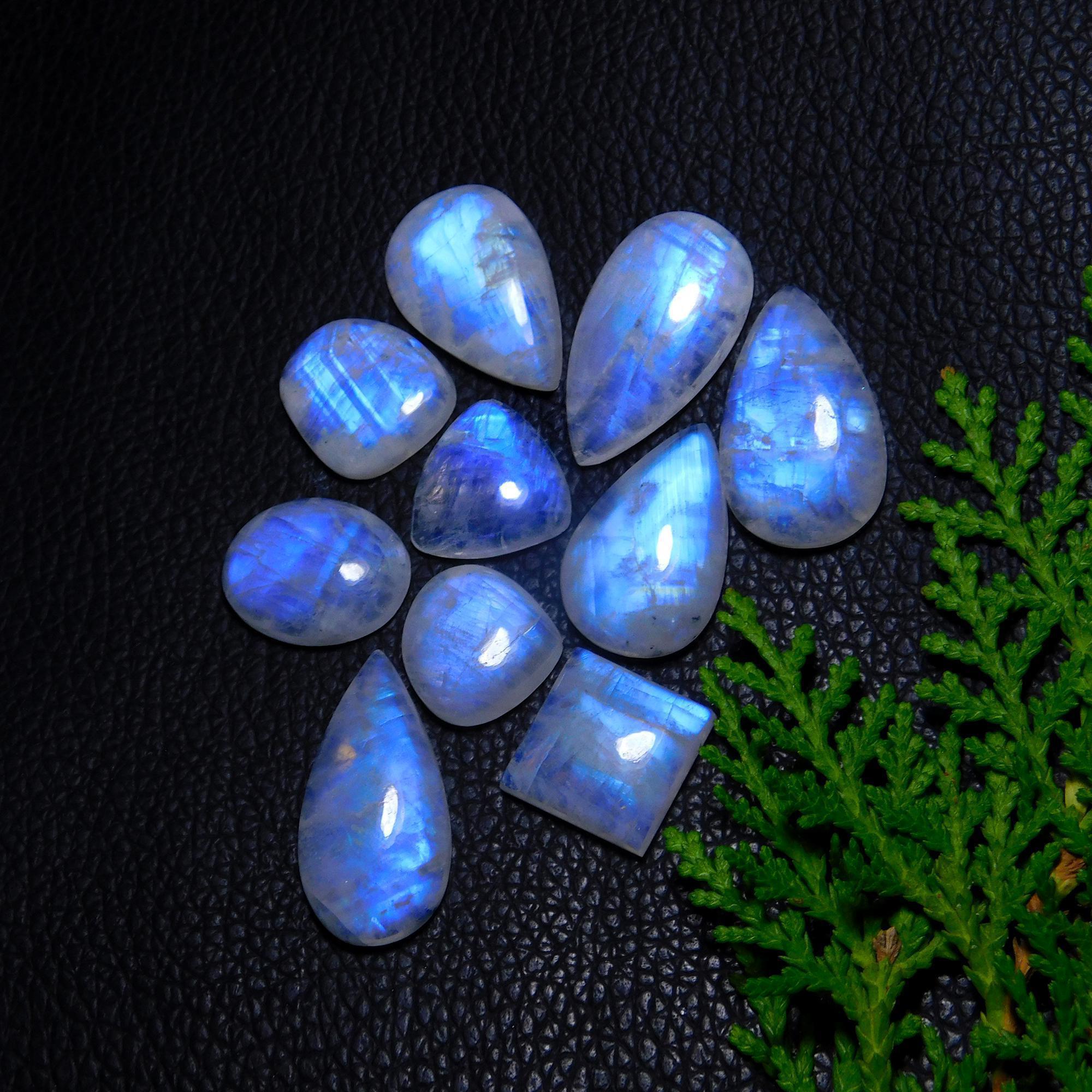 10Pcs 143Cts Natural Rainbow Moonstone Cabochon Blue Fire Loose Gemstone Crystal jewelry supplies wholesale lot gift for her Black Friday 27X13 15X15mm#9422