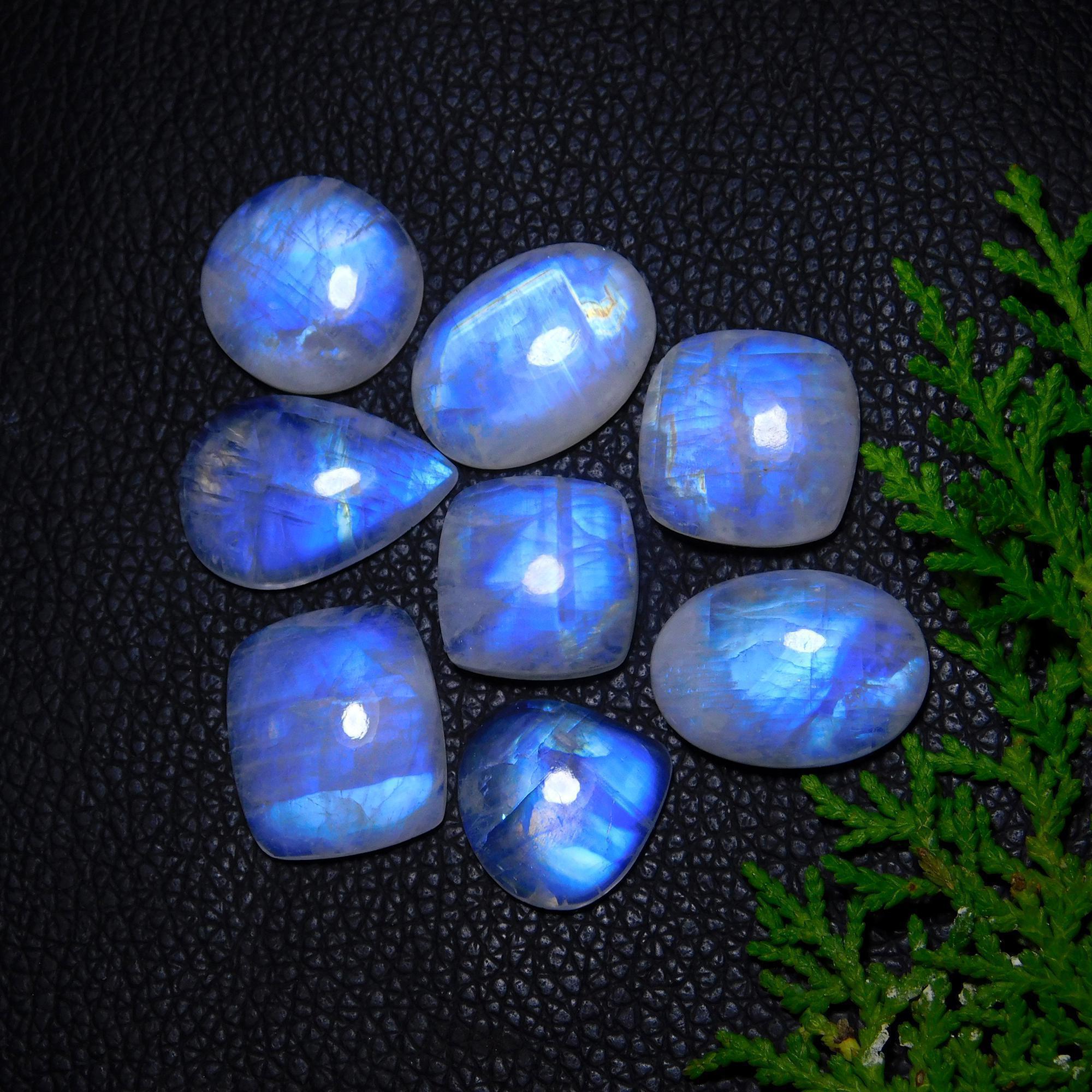 8Pcs 145Cts Natural Rainbow Moonstone Cabochon Blue Fire Loose Gemstone Crystal jewelry supplies wholesale lot gift for her Black Friday 24X17 18X18mm#9423