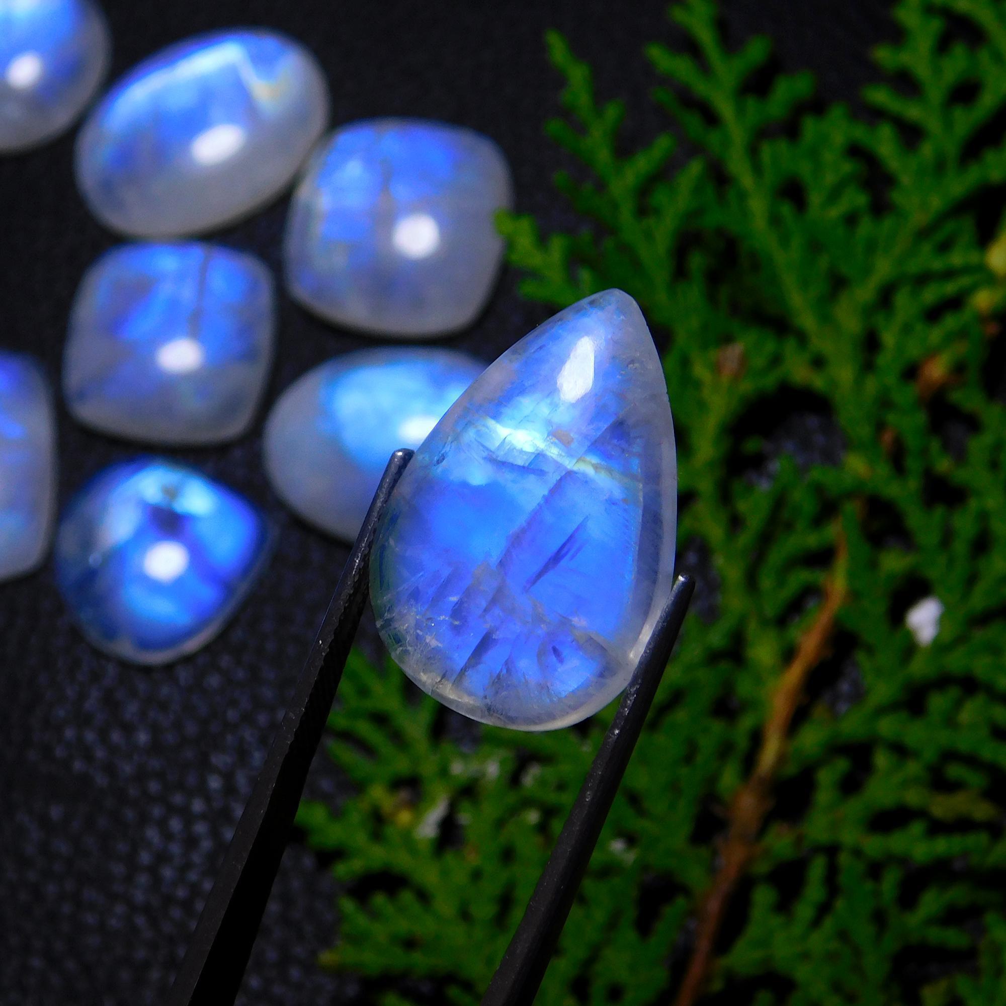 10Pcs 143Cts Natural Rainbow Moonstone Cabochon Blue Fire Loose Gemstone Crystal jewelry supplies wholesale lot gift for her Black Friday 27X13 15X15mm#9422