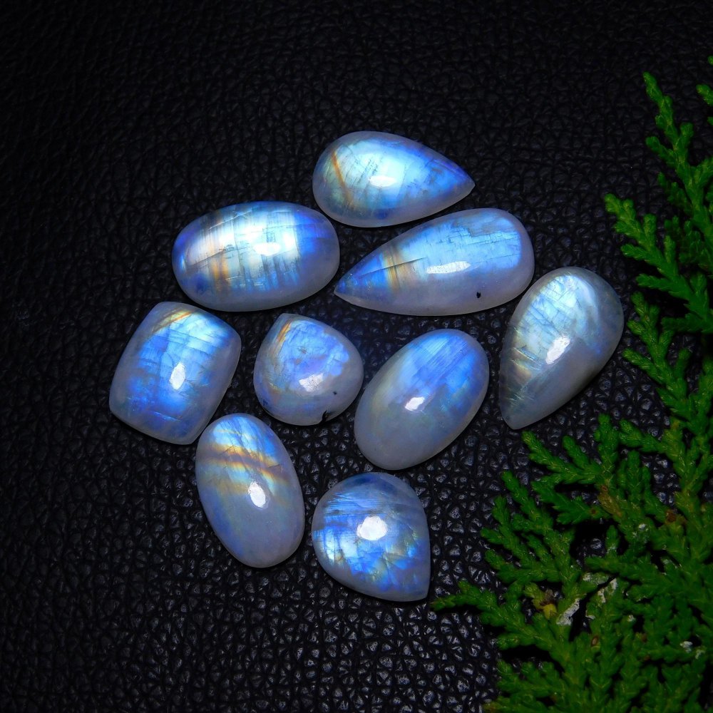 9Pcs 108Cts Natural Rainbow Moonstone Cabochon Blue Fire Loose Gemstone Crystal jewelry supplies wholesale lot gift for her 25X12 14X12mm#9424