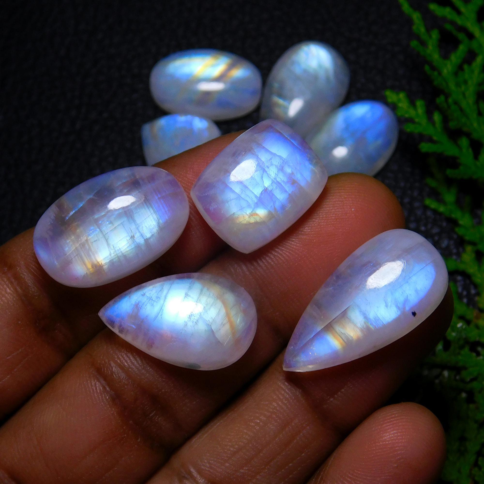 9Pcs 108Cts Natural Rainbow Moonstone Cabochon Blue Fire Loose Gemstone Crystal jewelry supplies wholesale lot gift for her Black Friday 25X12 14X12mm#9424